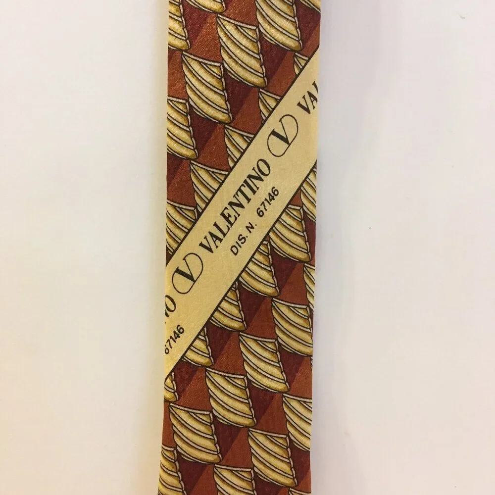 Valentino Cravatte Neck Tie 100% Silk Rust Brown Gold Handmade Geometric Pattern